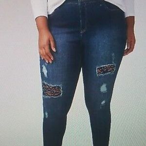 Lane Bryant Jeans, Size 26, Blue with distressing and blue lace inserts